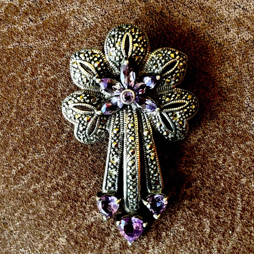 Vintage Marcasite Brooch with Amethyst Accents stamped 925